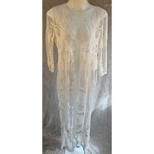 White Floral‎ Lace Sheer Maxi Dress Cover Up Deep V-Neck Boho Feminine Layering
